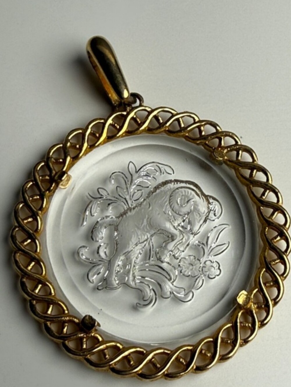 Vintage Trifari Gold-Tone Ram Glass Capricorn Pendant Necklace Charm
